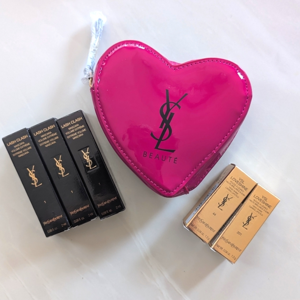 YSL Pink Heart Makeup Pouch with Beauty Products
